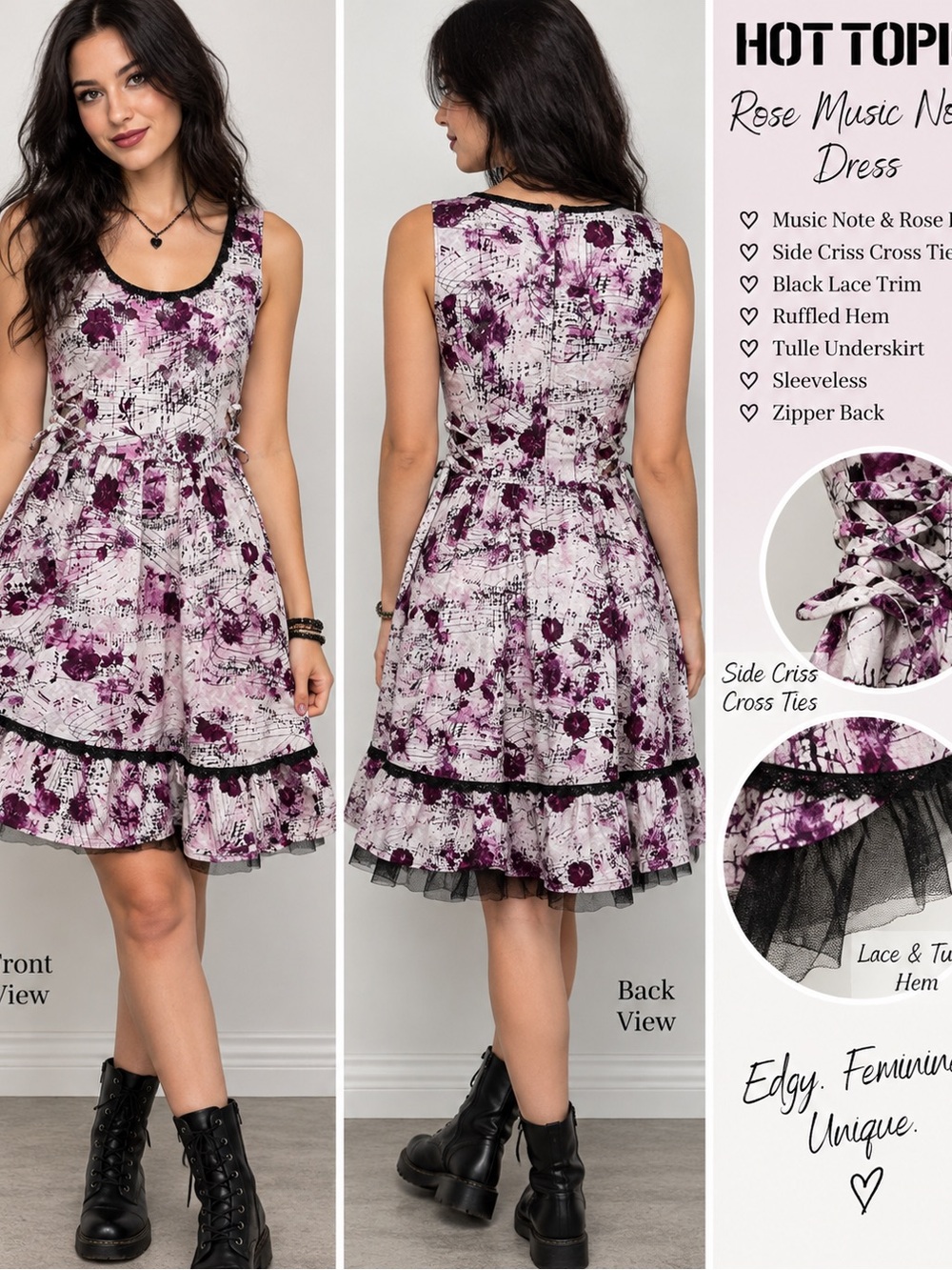 Hot Topic Purple & White Rose Music Note Sleeveless Ruffled Dress